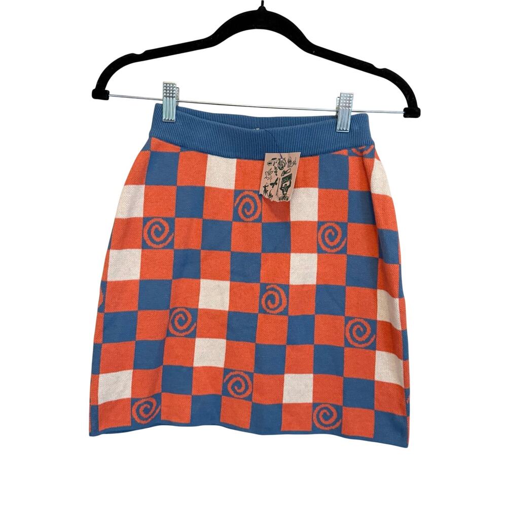 Another Girl Mini Skirt S Blue Orange Checkered Organic Cotton Maximalist NWT